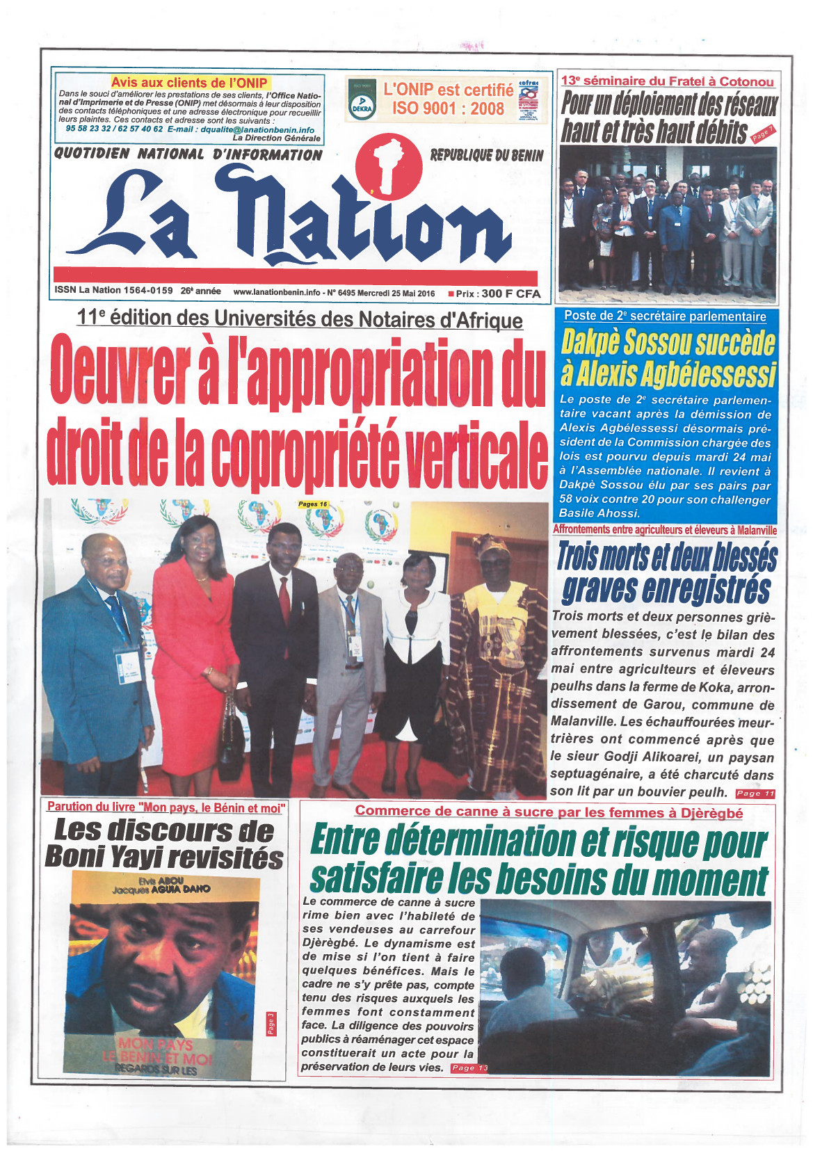 Première page du journal la Nation de la république du Bénin sur l'Université du Notariat d'Afrique à Cotonou